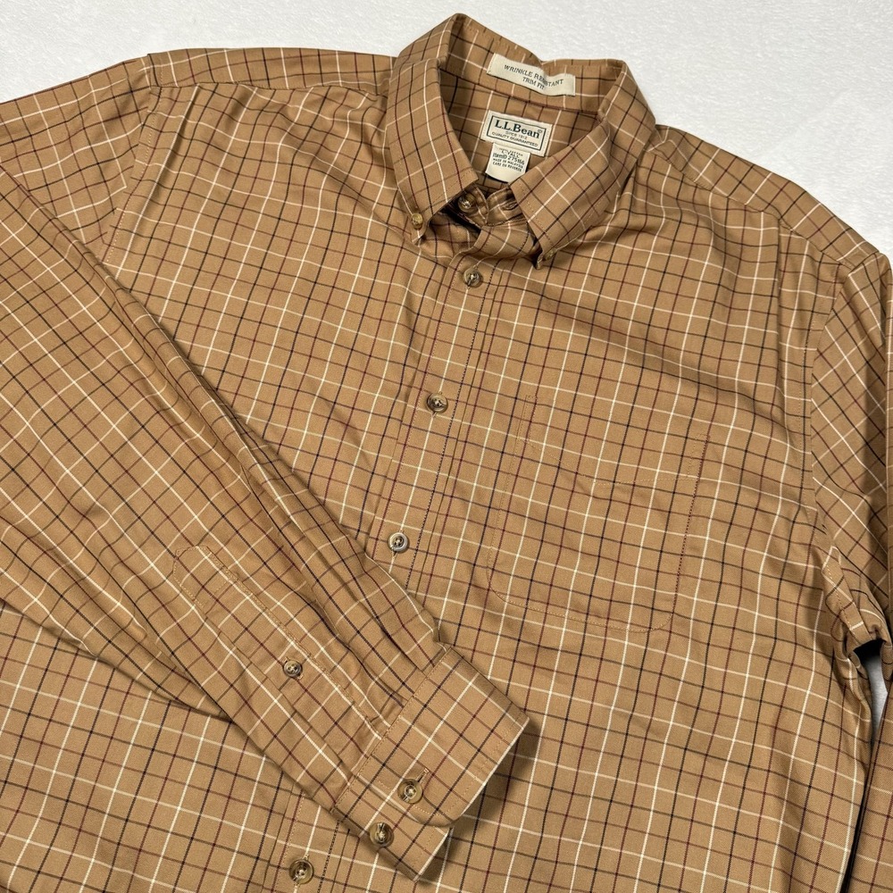 L.L.Bean Shirt Mens LT Brown Plaid Wrinkle Resistant Trim Fit Button Down Casual